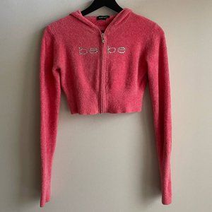 Bebe Y2K Teddy Ultra Crop Long Sleeve Zip Hoodie furry fuzzy soft pink coral